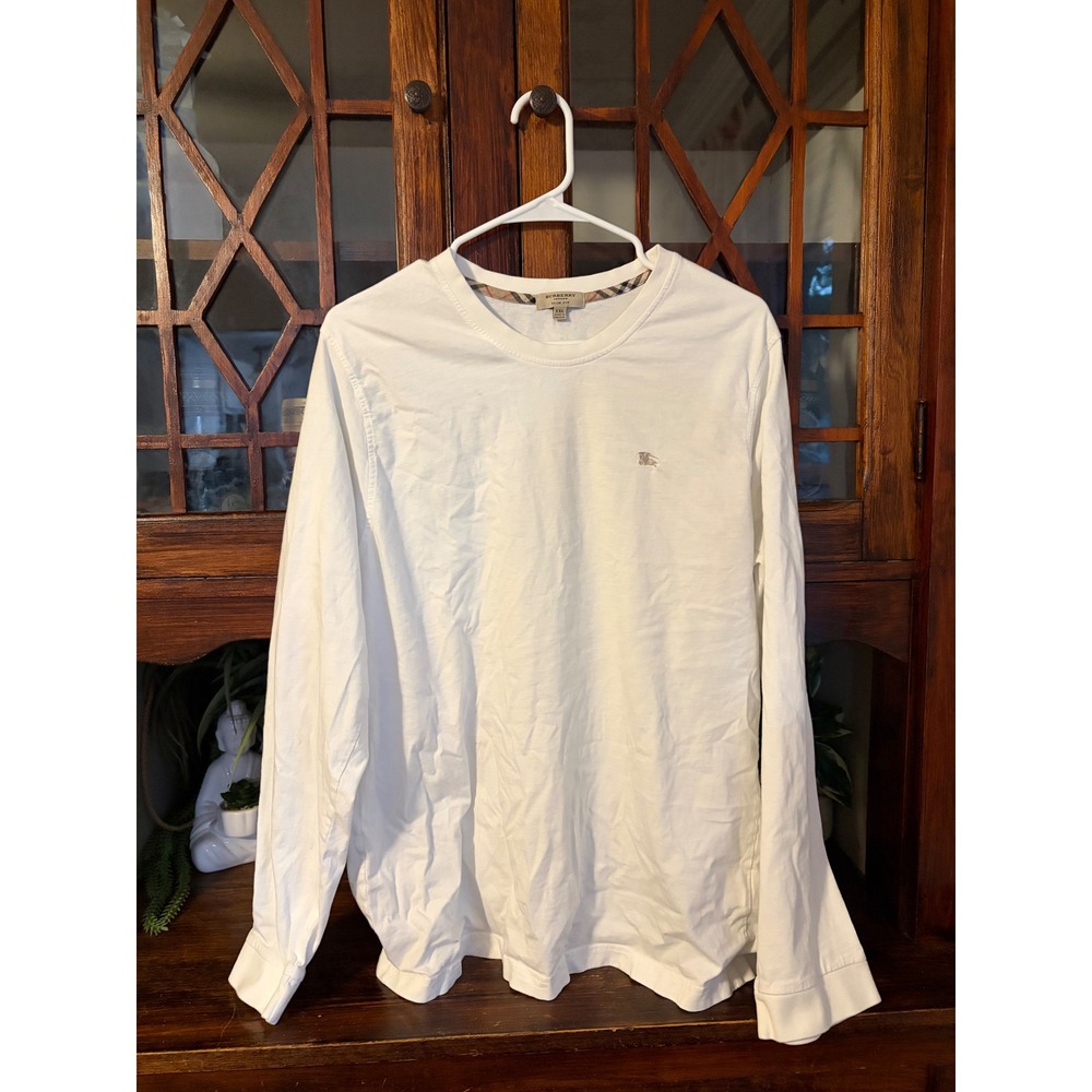 Burberry London Mens XXL White Long Sleeve Slim Fit Cotton T-Shirt Logo Portugal